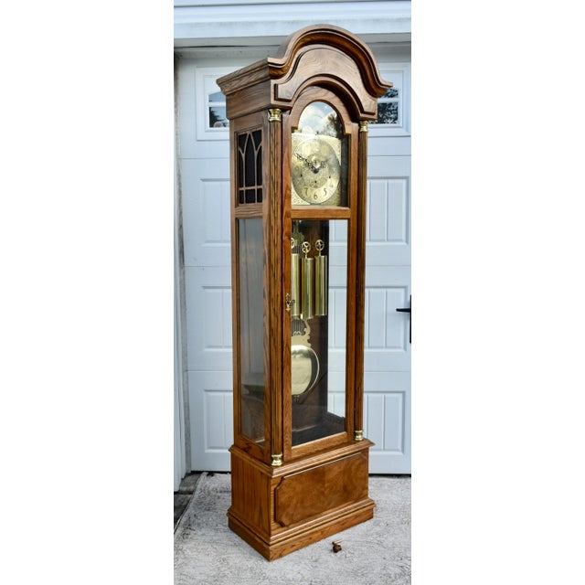 Vintage Ethan Allen Traditional Style Oak & Burl Grandfather's Clock For Sale - Image 10 of 13