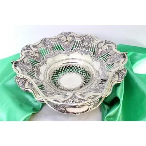 Silver Fruit Bowl with Shell-Shaped Cutouts, Reliefs, Double Handle with Monogram Card For Sale - Image 6 of 9