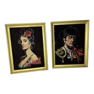Vintage Gold Framed Velvet Art Portraits of a Spanish Man and Woman - a Pair