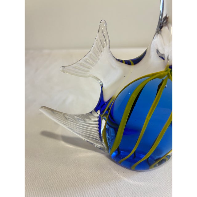Coastal Vintage Blown Art Glass Fish Sculpture – Blue & Yellow Striped For Sale - Image 3 of 11