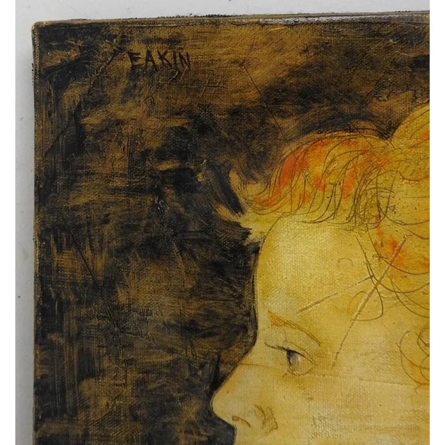 Vintage mid 20th century oil on canvas modernist portrait of young woman. Signed Eakin upper left corner. Unframed, edge...