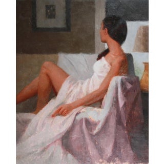 Draped in White by Mark Bradley Schwartz | Oil on canvas Woman seated in a white draped cloth. For Sale