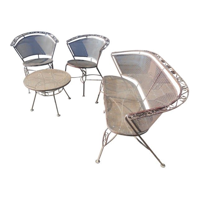 Vintage Wrought Iron Woodard Salterini Style Mid Century Outdoor Patio Set For Sale