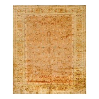 1900s Orange Salmon Floral Medallion Antique Indian Agra Rug 7'0" X 8'8" Handknotted Wool Carpet For Sale