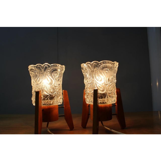 Brown Mid-Century Czech Wood and Glass Table Lamps, 1970s, Set of 2 For Sale - Image 8 of 11