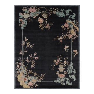 Rug & Kilim’s Chinese Art Deco Inspired Rug, Elegant Florals on Midnight Blue For Sale