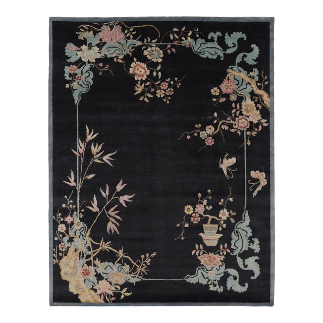 Rug & Kilim’s Chinese Art Deco Inspired Rug, Elegant Florals on Midnight Blue For Sale