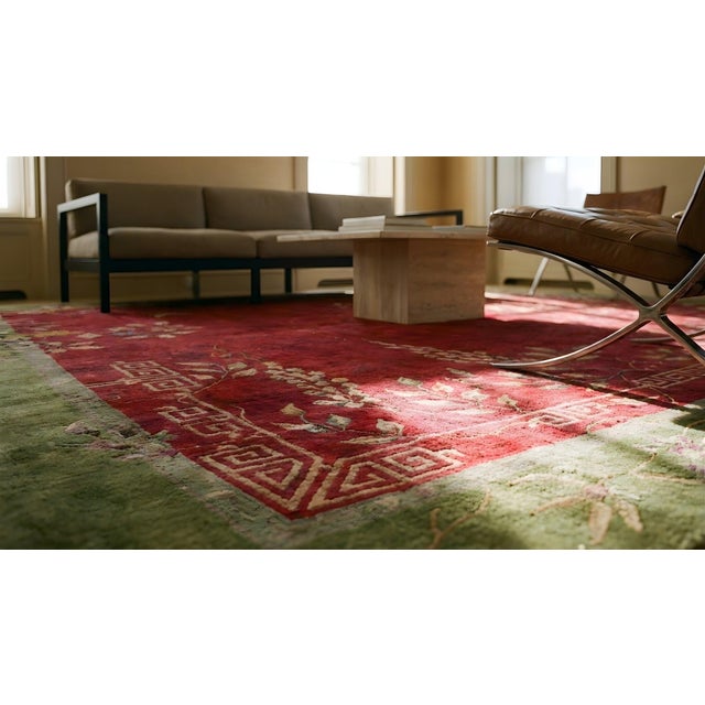 Magistral Red Rust Background and Green Border Color With Floral Design Antique Chinese Art Deco Rug For Sale - Image 14 of 15