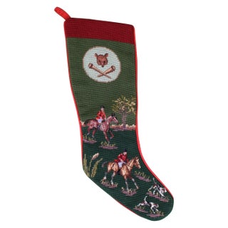 Late 20th Century Hand-Needlepoint Fox-Hunt Scene Christmas Stocking For Sale