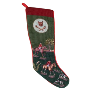 Late 20th Century Hand-Needlepoint Fox-Hunt Scene Christmas Stocking