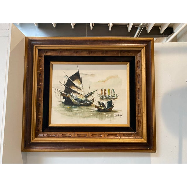Vintage Boats at Sea by P. Wong For Sale - Image 4 of 5