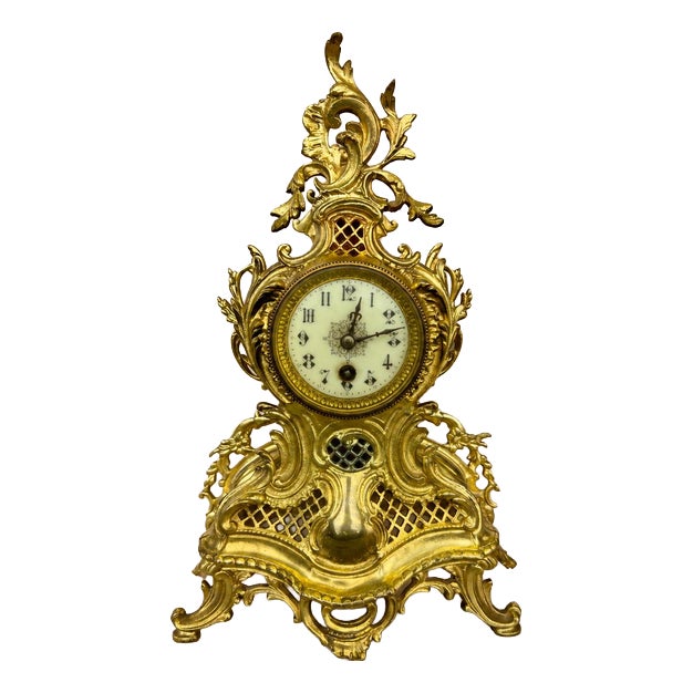 French Ornate Brass Mantel Clock with Key For Sale