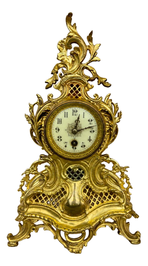 French Ornate Brass Mantel Clock with Key