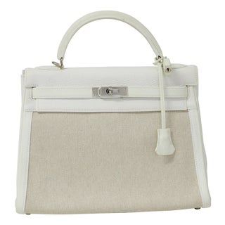Hermès Kelly 32 Blanc Toile and Togo Palladium Hardware 2005 For Sale