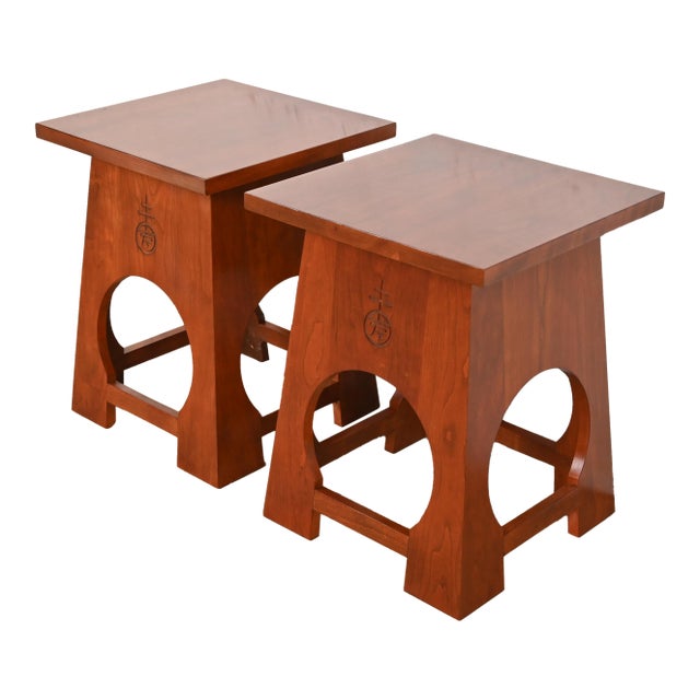 Roycroft Arts & Crafts Cherry Wood Tabourets by Stickley, Pair For Sale