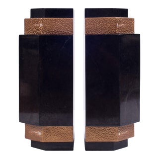 Neo Deco Stone Inlay and Shagreen Effect Leather Bookends - a Pair For Sale