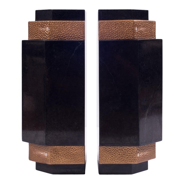 Neo Deco Stone Inlay and Shagreen Effect Leather Bookends - a Pair For Sale