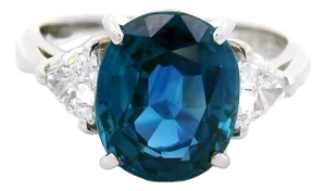 4.32 Carat Blue Sapphire Diamond Three-Stone Platinum Ring, Size 6.5