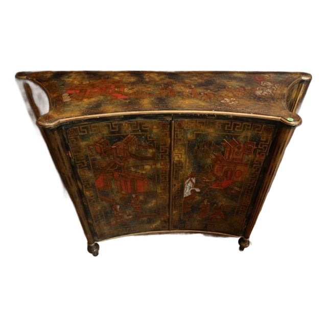 1980s Maitland-Smith Hand Painted (Phils Inc.) Chinoiserie Cabinet Hand Painted Pagoda & Figural Scene For Sale