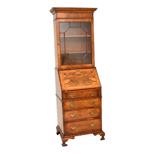 Georgian Style Burr Walnut Bureau Bookcase, 1950s For Sale