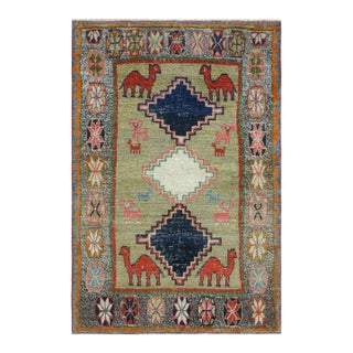 1920s Green Tribal Camel Animal Antique S. Persian Gabbeh Carpet 4' X 6'3" Knotted Wool Rug For Sale