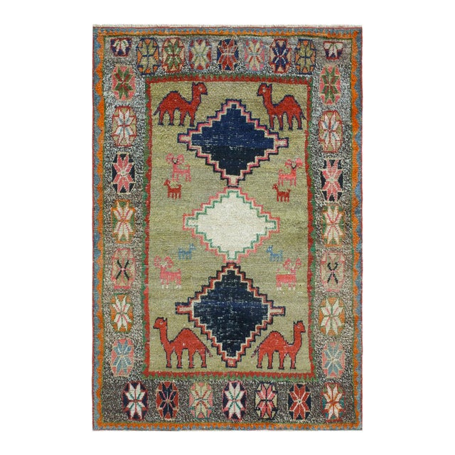 1920s Green Tribal Camel Animal Antique S. Persian Gabbeh Carpet 4' X 6'3" Knotted Wool Rug For Sale