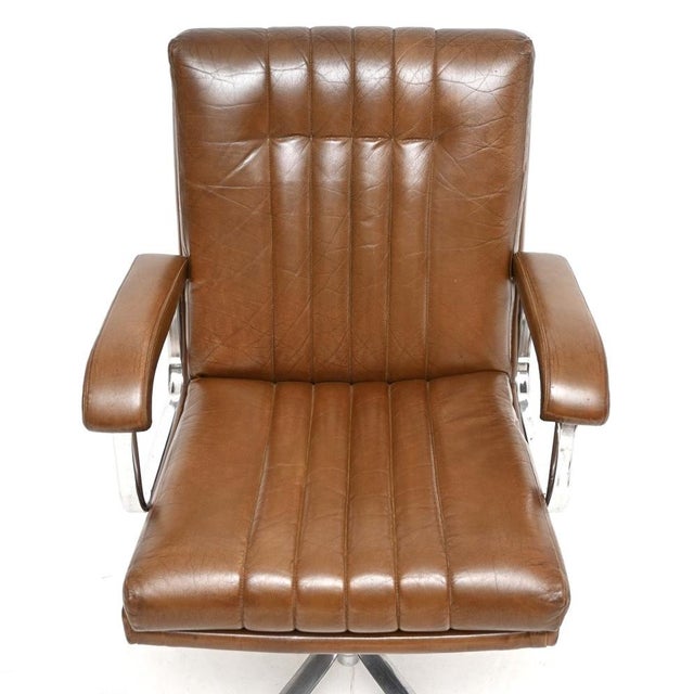 Brown Vintage Leather and Chrome Swivel Desk Chair, 1970 For Sale - Image 8 of 11
