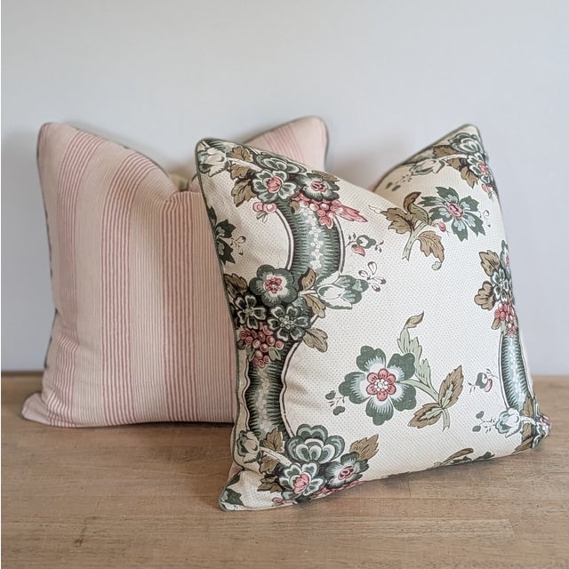 Lee Jofa Lee Jofa Benday Floral Pillows in Green & Rose With Fermoie Pink Striped Backs For Sale - Image 4 of 8