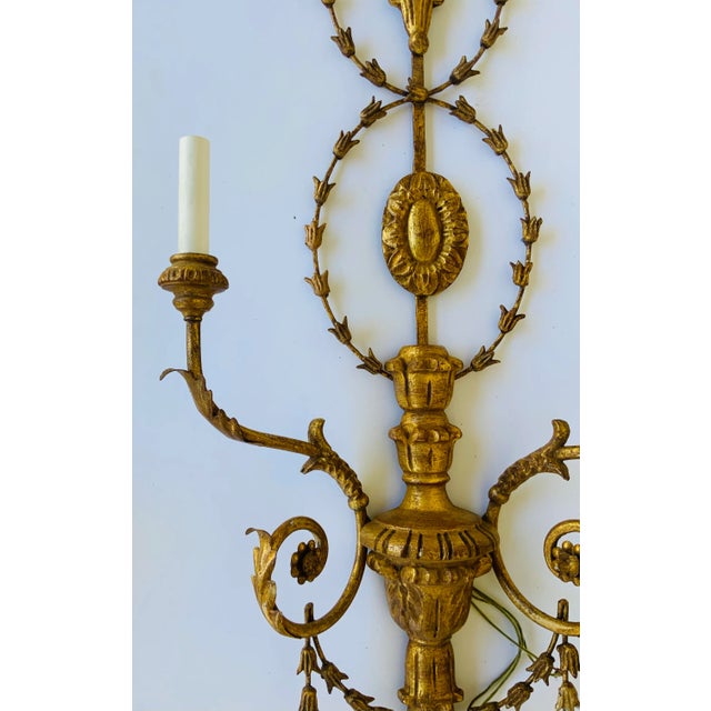 Wood Myran Allan Luxury Lighting Italian Craved Wood Gold Sconces Pair For Sale - Image 7 of 8
