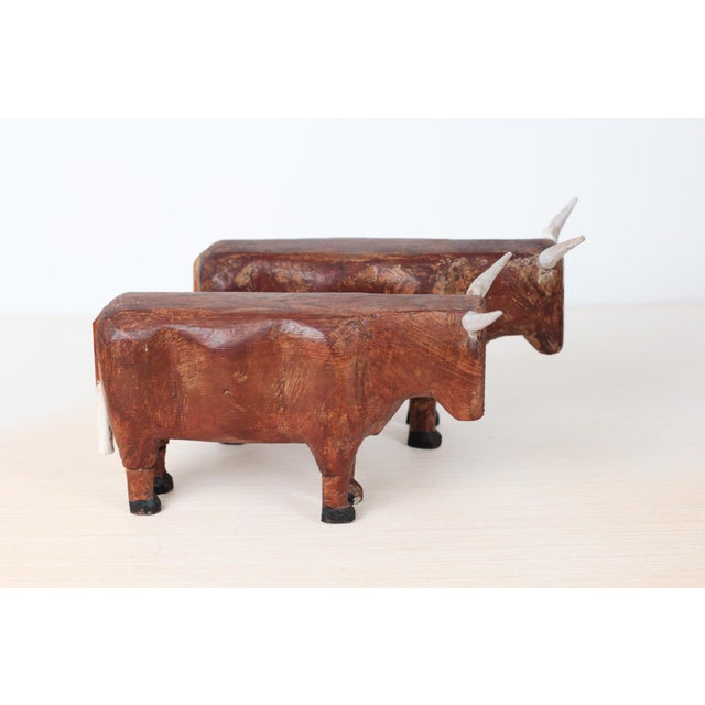 Mid-Century Folk Art Hand-Carved Wooden Bull Sculptures For Sale - Image 10 of 16