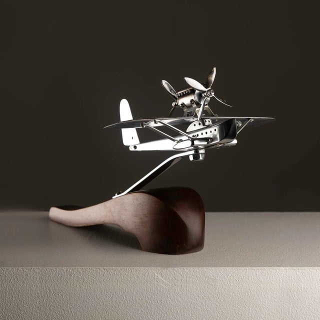 Brown Art Deco Chrome Airplane on Wooden Base, 1940s For Sale - Image 8 of 8