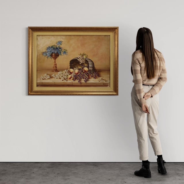 Great Italian painting from the mid-20th century. Work oil on canvas, first canvas, depicting still life with flowers and...