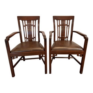 Stickley Blacker House Arm Chair With Brown Leather Seat - a Pair For Sale