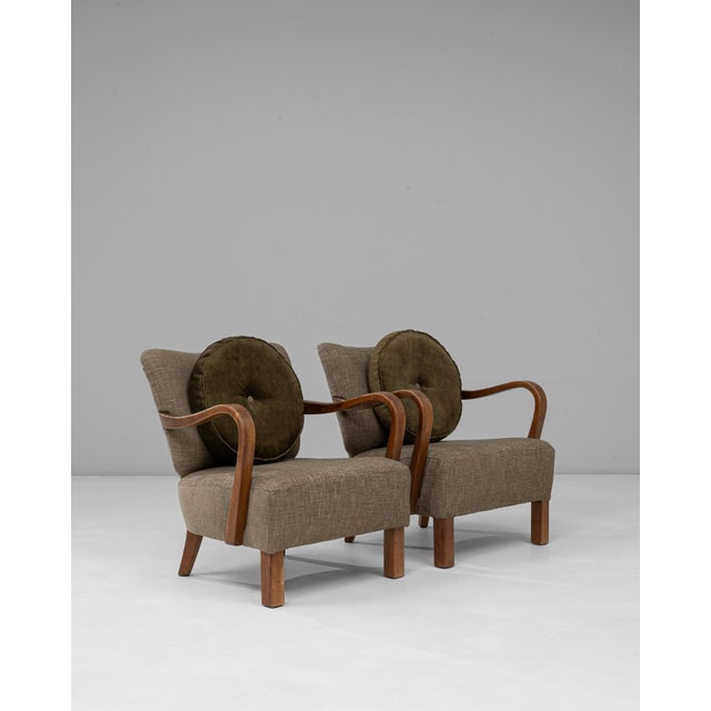 Wood 1940s Danish Art Deco Upholstered Armchairs With Round Pillows - A Pair For Sale - Image 7 of 18