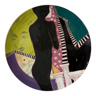 1980s Lois Barton Hand-Painted Figurative Modernist Art Ceramic Decorative Plate For Sale