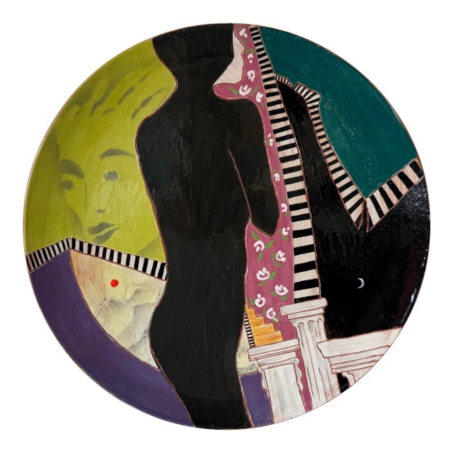 1980s Lois Barton Hand-Painted Figurative Modernist Art Ceramic Decorative Plate For Sale