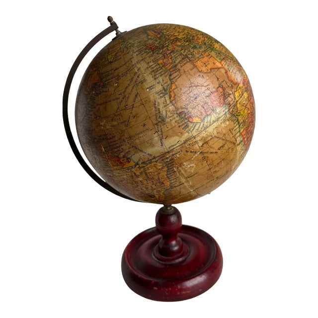 1940s–1950s English Geographia 8-Inch Terrestrial Globe on Turned Red Wood Base For Sale