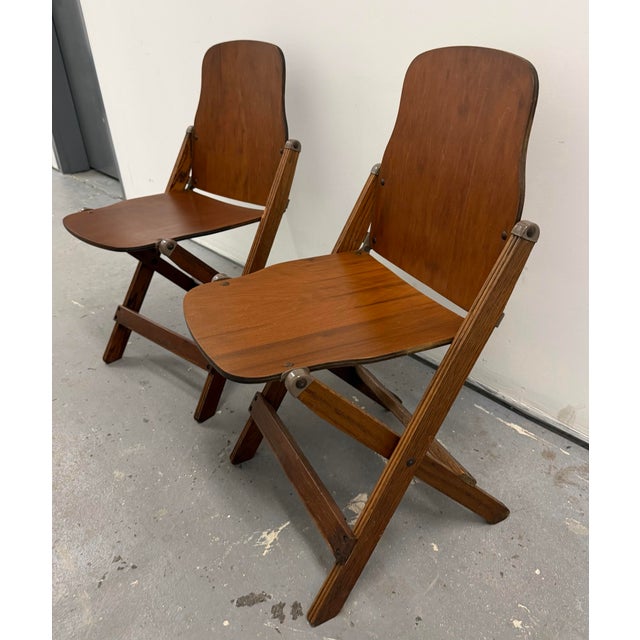 Mid-Century Modern Pair 1940s American Seating Company Wood Folding Chairs Excellent Condition For Sale - Image 3 of 11