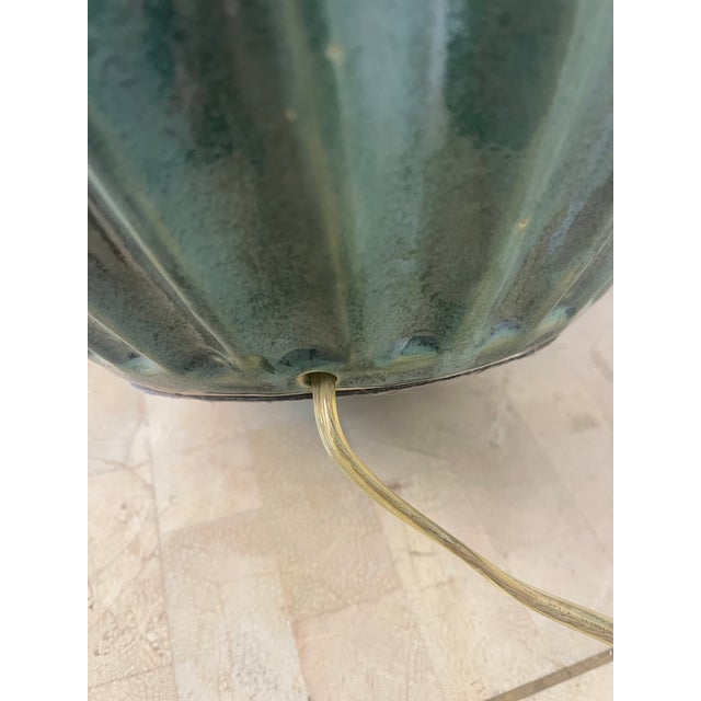 Ceramic Vintage Large Mid Century Modern Ribbed Green Drip Glaze Ceramic Table Lamp For Sale - Image 7 of 11