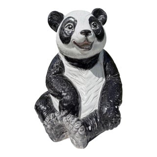 Vintage Large Crackle Glazed Seated Panda Ceramic Sculpture For Sale