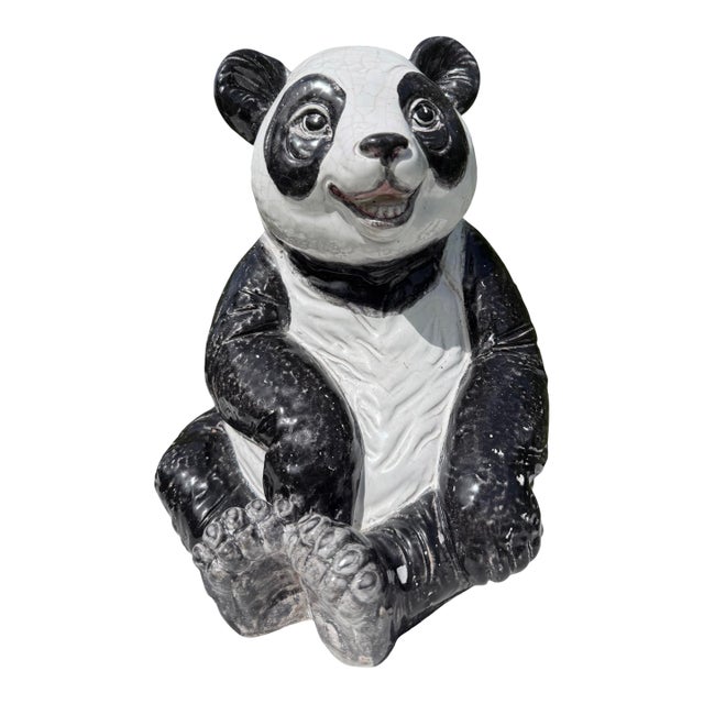 Vintage Large Crackle Glazed Seated Panda Ceramic Sculpture For Sale