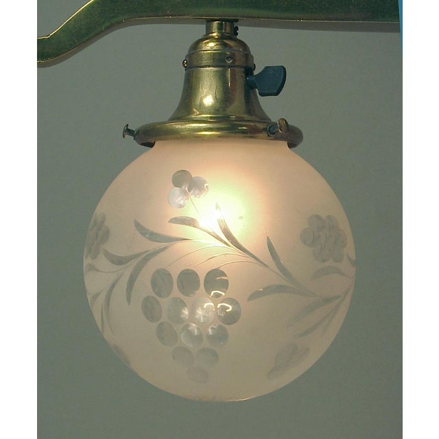 American 1910s Art Nouveau Wall Sconce, Solid Brass, Etched Ball Shade For Sale - Image 3 of 5