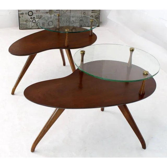 Lacquered walnut round glass galleries organic kidney shape side tables.