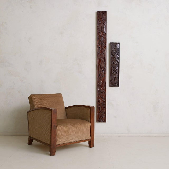 An Italian wall panel by Gianni Pinna, hand-carved in the 1970s. Just over 30 inches tall, the plank is worked in deep...