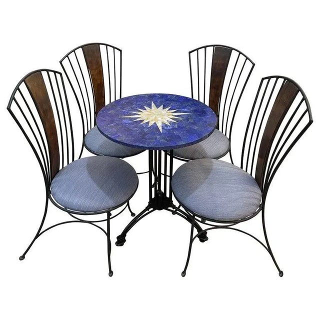 Lapis and Mother of Pearl Pietra Dura Cafe Table and 4 Iron Chairs with Cushions For Sale - Image 10 of 10