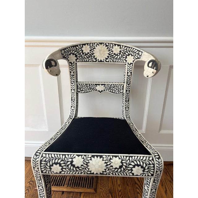 Wood Early 20th Century Set of 4 Anglo-Indian style, bone inlay, ram's head dining chairs For Sale - Image 7 of 11