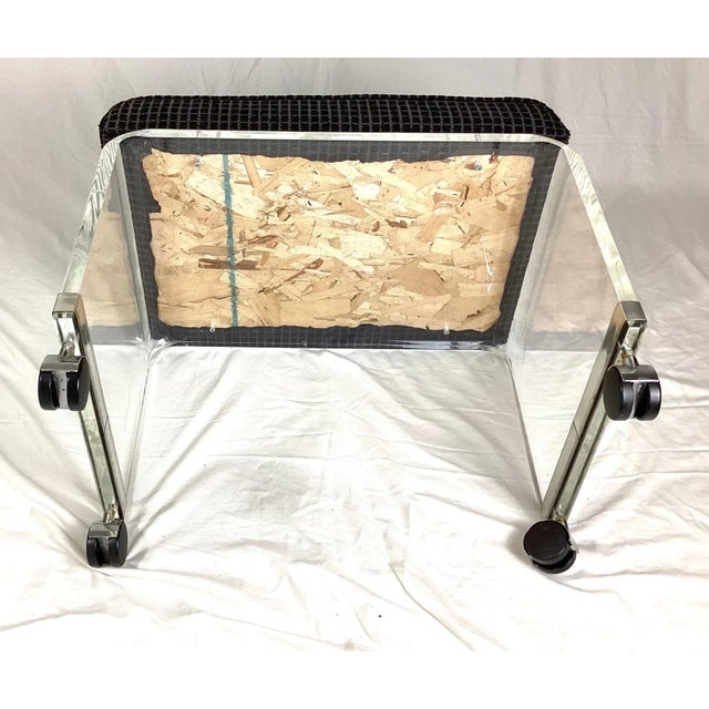 Textile Mid-Century Modernist Waterfall Lucite Stool with Chrome trim and Wheels For Sale - Image 7 of 9
