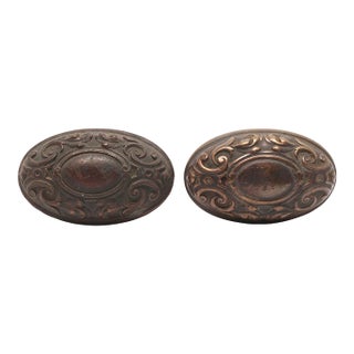 1910s Antique Bronze Yale & Towne Largo Oval Entry Door Knobs For Sale