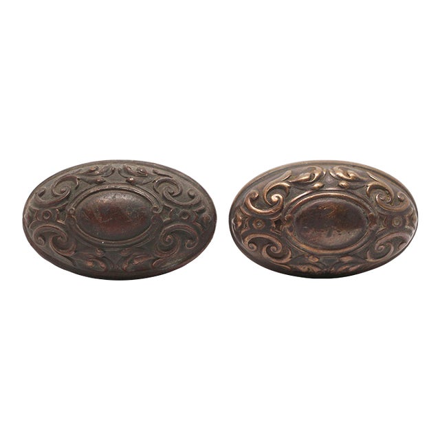 1910s Antique Bronze Yale & Towne Largo Oval Entry Door Knobs For Sale