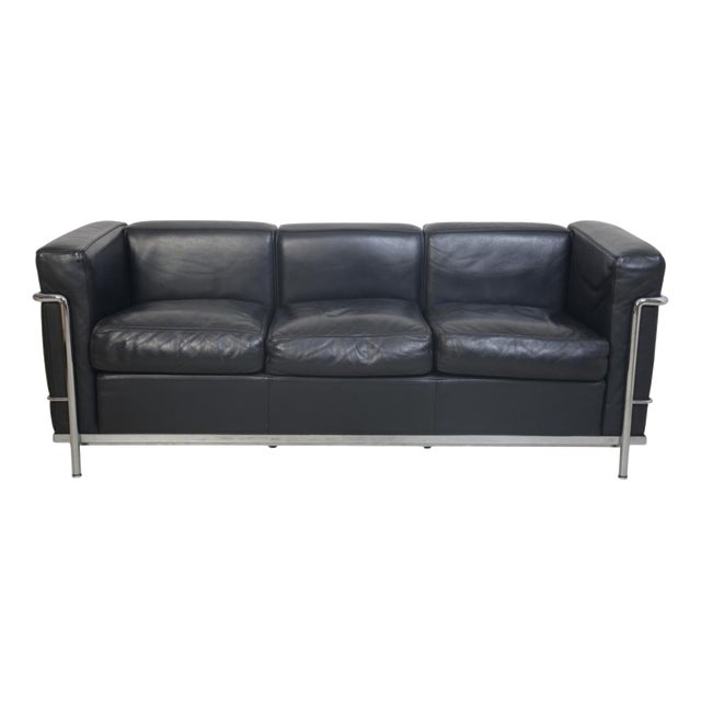 Vintage LC2/3 Three-Seater Sofa in Black Pelle Leather by Le Corbusier, 2000s For Sale